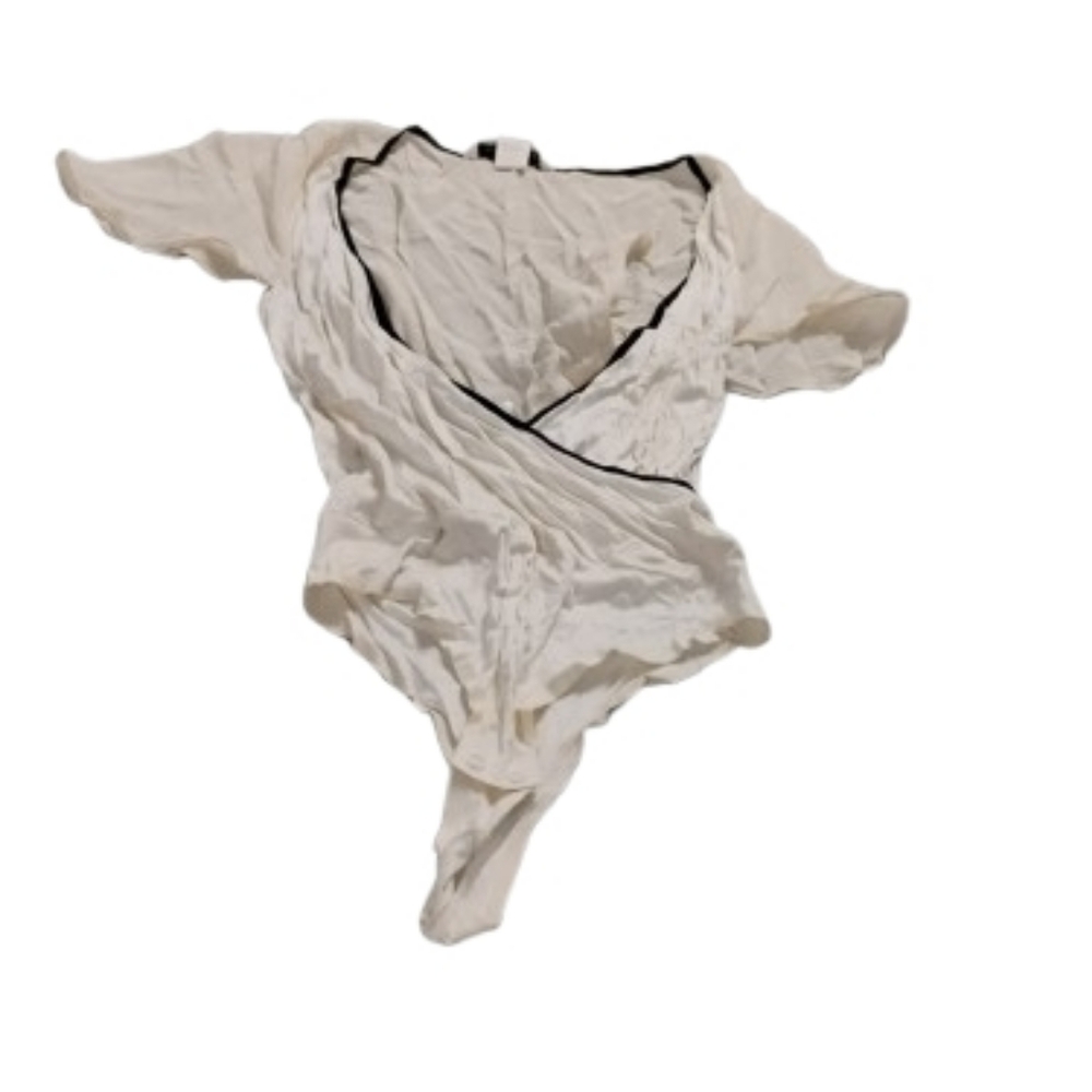 Diane Von Furstenburg Contrast Trim Flutter Sleeve Wrap Bodysuit Sz 4